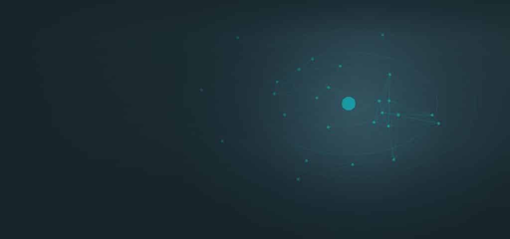 Grafica astratta: una rete di nodi collegati fra loro attorno a un punto centrale, su fondo verde acqua scuro